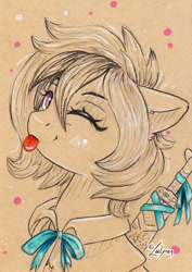 Size: 1240x1748 | Tagged: safe, artist:lailyren, oc, oc only, oc:cuihua, earth pony, pony, :p, bust, cape, clothes, cute, female, mare, one eye closed, portrait, simple background, sketch, solo, sword, tongue out, traditional art, weapon, wink