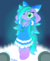 Size: 2597x3136 | Tagged: safe, artist:silvaqular, oc, oc only, oc:cyanette, earth pony, anthro, unguligrade anthro, bipedal, bow, breasts, clothes, cute, cyan, dress, earth pony oc, heterochromia, high res, jewelry, lighting, necklace, ocbetes, on stage (event), pattern, pose, shading, stage, standing, standing on two hooves