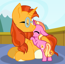 Size: 1229x1207 | Tagged: safe, artist:hate-love12, luster dawn, sunburst, pony, g4, blaze (coat marking), coat markings, facial markings, father and child, father and daughter, female, filly, filly luster dawn, foal, glasses, luster dawn is starlight's and sunburst's daughter, lying down, male, older, older sunburst, parent and child, parent:starlight glimmer, parent:sunburst, parents:starburst, prone, socks (coat markings), stallion, sunburst the bearded, sunburst's glasses