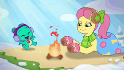 Size: 1280x720 | Tagged: safe, screencap, posey bloom, sparky sparkeroni, dragon, earth pony, pony, g5, my little pony: tell your tale, snow pun intended, spoiler:g5, spoiler:my little pony: tell your tale, spoiler:tyts01e37, animated, baby, baby dragon, bonfire, clothes, cute, dancing, duo, duo male and female, earmuffs, eyes closed, female, fire, heart, hoof heart, loop, male, mare, open mouth, open smile, perfect loop, posey catches a break, scarf, smiling, sparkybetes, underhoof, upside-down hoof heart, when she smiles