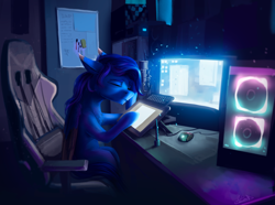 Size: 3830x2847 | Tagged: safe, artist:helmie-art, oc, oc only, oc:helmie, pegasus, pony, chair, computer, high res, microphone, ponysona, solo, vent