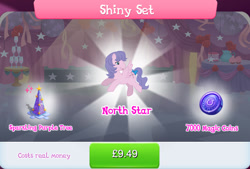 Size: 1266x854 | Tagged: safe, gameloft, idw, north star (g1), pegasus, pony, g1, g4, my little pony: magic princess, bow, bundle, costs real money, curtains, english, female, idw showified, magic coins, mare, numbers, sale, shiny set, solo, spread wings, tail, tail bow, text, tree, wings