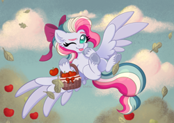 Size: 2618x1869 | Tagged: safe, artist:urichan, oc, oc only, oc:sky sorbet, pegasus, pony, :p, apple, basket, bow, flying, food, hair bow, high res, leaves, multicolored hair, one eye closed, signature, solo, spread wings, tongue out, wings, wink