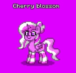 Size: 413x396 | Tagged: safe, oc, oc only, oc:cherry blossom, alicorn, pony, pony town, alicorn oc, clothes, horn, needs more saturation, purple background, simple background, socks, solo, striped socks, wings