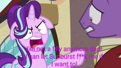 Size: 1280x720 | Tagged: safe, edit, edited screencap, screencap, firelight, starlight glimmer, pony, unicorn, g4, the parent map, abuse, angry, censored, censored vulgarity, female, floppy ears, hoof pointing, implied sex, implied shipping, implied starburst, implied straight, male, mare, open mouth, stallion, text, text edit