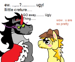 Size: 448x371 | Tagged: dead source, safe, artist:ghoulhowls, braeburn, king sombra, earth pony, pony, unicorn, g4, blush sticker, blushing, cowboy hat, crack shipping, dialogue, duo, gay, hat, looking at each other, looking at someone, male, shipping, simple background, smiling, sombraeburn, speech, talking, text, white background