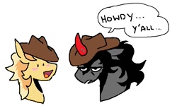 Size: 617x378 | Tagged: dead source, safe, artist:ghoulhowls, braeburn, king sombra, earth pony, pony, unicorn, g4, accessory swap, blush sticker, blushing, braeburn's hat, cowboy hat, crack shipping, dialogue, ears back, floppy ears, gay, hat, male, shipping, simple background, smiling, sombraeburn, speech, speech bubble, talking, text, unamused, white background
