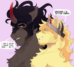 Size: 1878x1712 | Tagged: dead source, safe, artist:ghoulhowls, braeburn, king sombra, earth pony, pony, unicorn, g4, accessory swap, beard, blush lines, blushing, bust, chest fluff, dialogue, duo, ear fluff, eyes closed, facial hair, gay, grin, male, pink background, shipping, shoulder fluff, simple background, smiling, sombra's crown, sombraeburn, speech, speech bubble, talking, teasing, text