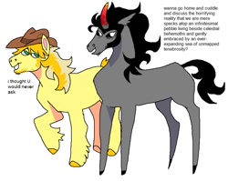 Size: 846x673 | Tagged: dead source, safe, artist:ghoulhowls, braeburn, king sombra, earth pony, pony, unicorn, g4, beard, colored hooves, cowboy hat, crack shipping, dialogue, existential crisis, facial hair, gay, grin, hat, looking at each other, looking at someone, male, raised hoof, shipping, simple background, smiling, sombraeburn, stallion, standing, talking, white background