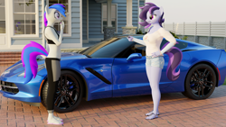 Size: 5760x3240 | Tagged: safe, artist:hunterz263, oc, oc only, oc:inkwell stylus, oc:raven storm, anthro, plantigrade anthro, 3d, 5k, birthday gift, blender, car, chevrolet corvette, clothes, corvette, duo, duo female, feet, female, female oc, flip-flops, house, key, looking at each other, looking at someone, midriff, nexgen, not sfm, outdoors, sandals, shorts, smiling, smirk, surprised, toes