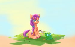 Size: 800x500 | Tagged: safe, artist:mielaink, sunny starscout, earth pony, frog, pony, g5, my little pony: a new generation, female, flower, mare, sitting
