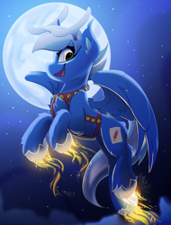 Size: 1900x2500 | Tagged: safe, artist:starcasteclipse, part of a set, oc, oc only, pegasus, pony, commission, flying, glowing, glowing hooves, harness, jingle bells, moon, smiling, solo, tack, ych result