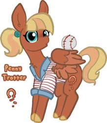Size: 580x665 | Tagged: safe, artist:nootaz, oc, oc only, oc:penny trotter, pegasus, pony, baseball, clothes, female, looking at you, open mouth, ponytail, shirt, simple background, solo, sports, striped shirt, white background