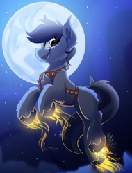 Size: 1900x2500 | Tagged: safe, artist:starcasteclipse, part of a set, oc, oc only, earth pony, pony, commission, flying, glowing, glowing hooves, harness, jingle bells, moon, smiling, solo, tack, ych result