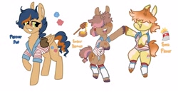 Size: 4096x2170 | Tagged: safe, artist:nootaz, oc, oc only, oc:flitter pop, oc:sugar biscuit, oc:sun flour, earth pony, pegasus, pony, clothes, open mouth, open smile, shirt, simple background, smiling, striped shirt, trio, white background