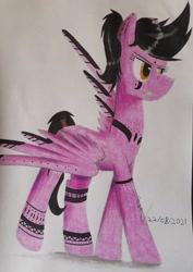 Size: 1752x2476 | Tagged: safe, artist:thecrimsonspark, oc, oc only, oc:aiexos, black mane, purple coat, reference, reference sheet, solo, tattoo, traditional art