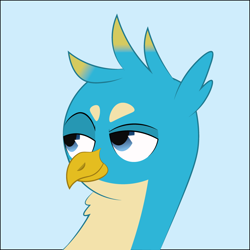 Size: 900x900 | Tagged: safe, artist:prixy05, gallus, griffon, g4, blue background, bust, male, portrait, simple background, smiling, smirk, solo