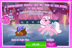 Size: 1956x1300 | Tagged: safe, gameloft, idw, twilight, pony, unicorn, g1, g4, my little pony: magic princess, advertisement, bow, costs real money, english, female, horn, idw showified, introduction card, magic coins, mare, numbers, sale, solo, tail, tail bow, text