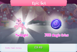 Size: 1261x856 | Tagged: safe, gameloft, idw, twilight, pony, unicorn, g1, g4, my little pony: magic princess, bow, bundle, costs real money, english, epic set, female, horn, idw showified, magic coins, mare, numbers, sale, solo, tail, tail bow, text