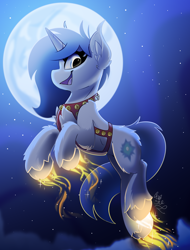 Size: 1900x2500 | Tagged: safe, artist:starcasteclipse, part of a set, oc, oc only, pony, unicorn, commission, flying, glowing, glowing hooves, harness, jingle bells, moon, smiling, solo, tack, ych result