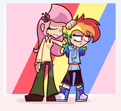 Size: 1316x1212 | Tagged: safe, artist:keymilanimations, fluttershy, rainbow dash, human, g4, converse, duo, female, height difference, humanized, lesbian, ship:flutterdash, shipping, shoes, sneakers