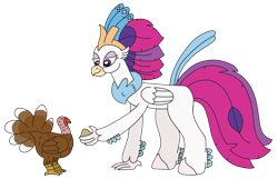 Size: 3138x2016 | Tagged: safe, artist:supahdonarudo, queen novo, bird, classical hippogriff, hippogriff, turkey, series:novoember, g4, my little pony: the movie, bird seed, feeding, high res, holiday, offering, simple background, thanksgiving, transparent background