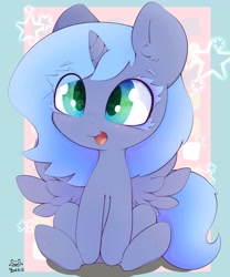 Size: 2500x3000 | Tagged: safe, artist:zokkili, princess luna, alicorn, pony, g4, eye clipping through hair, female, filly, happy, high res, horn, open mouth, open smile, signature, sitting, smiling, solo, spread wings, starry eyes, wingding eyes, wings, woona, younger