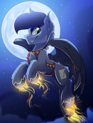 Size: 1900x2500 | Tagged: safe, artist:starcasteclipse, part of a set, oc, oc only, oc:razoruniboop, pegasus, pony, commission, flying, glowing, glowing hooves, harness, jingle bells, moon, solo, tack, ych result