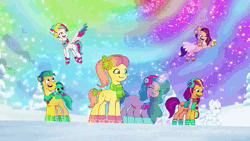 Size: 1280x720 | Tagged: safe, screencap, hitch trailblazer, izzy moonbow, pipp petals, posey bloom, sparky sparkeroni, sunny starscout, zipp storm, dragon, earth pony, pegasus, pony, unicorn, g5, my little pony: tell your tale, snow pun intended, spoiler:g5, spoiler:my little pony: tell your tale, spoiler:tyts01e37, animated, baby, baby dragon, clothes, earmuffs, excited, eyes closed, female, happy, magic, magic glow, male, mane stripe sunny, mare, posey can't catch a break, scared, scarf, smiling, snow, snowpony, sound, sparkles, sparkly eyes, stallion, sweat, sweatdrop, webm, wingding eyes, winter outfit, worried, youtube link