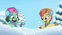 Size: 800x450 | Tagged: safe, screencap, bubbles (g5), slide rule, earth pony, pony, g5, my little pony: tell your tale, snow pun intended, spoiler:g5, spoiler:my little pony: tell your tale, spoiler:tyts01e37, animated, background pony, clothes, colt, cute, earmuffs, female, filly, foal, gif, male, outdoors, playing, scarf, smiling, snow, snowball, snowball fight