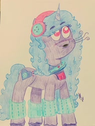 Size: 2460x3262 | Tagged: safe, artist:jesslmc16, izzy moonbow, pony, unicorn, g5, my little pony: tell your tale, blushing, clothes, cold, colored, colored pencil drawing, cute, drawing, earmuffs, fanart, female, full body, high res, izzybetes, leg warmers, scarf, solo, traditional art, winter, winter outfit