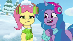 Size: 1280x720 | Tagged: safe, screencap, izzy moonbow, posey bloom, earth pony, pony, unicorn, g5, my little pony: tell your tale, snow pun intended, spoiler:g5, spoiler:my little pony: tell your tale, spoiler:tyts01e37, abstract background, animated, close-up, clothes, concerned, earmuffs, evil laugh, female, laughing, mare, outdoors, scarf, smiling, snow, sound, talking, webm, worried, youtube link