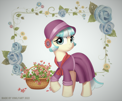 Size: 1616x1336 | Tagged: safe, artist:vinilyart, coco pommel, earth pony, pony, g4, basket, cloche hat, clothes, cocobetes, cute, dress, eyebrows, eyebrows visible through hair, female, flower, hat, mare, raised hoof, shawl, simple background, solo, vintage, white background