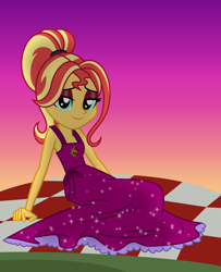 Size: 5952x7344 | Tagged: safe, artist:emeraldblast63, sunset shimmer, human, equestria girls, g4, alternate hairstyle, bare shoulders, clothes, dress, female, picnic blanket, sleeveless, solo, sunset
