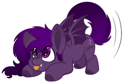 Size: 1350x885 | Tagged: safe, artist:rokosmith26, oc, oc:midnight purple, bat pony, pony, 2023 community collab, derpibooru community collaboration, :p, bat pony oc, fangs, imminent pounce, simple background, solo, spread wings, tail, tail wag, tail wiggle, tongue out, transparent background, wingding eyes, wings
