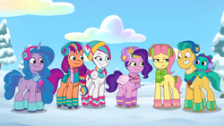 Size: 3072x1727 | Tagged: safe, screencap, hitch trailblazer, izzy moonbow, pipp petals, posey bloom, sparky sparkeroni, sunny starscout, zipp storm, dragon, earth pony, pegasus, pony, unicorn, g5, my little pony: tell your tale, snow pun intended, spoiler:g5, spoiler:my little pony: tell your tale, spoiler:tyts01e37, baby, baby dragon, female, grin, male, mane five, mane stripe sunny, mare, smiling, snow, stallion, youtube link