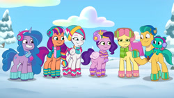 Size: 3072x1727 | Tagged: safe, screencap, hitch trailblazer, izzy moonbow, pipp petals, posey bloom, sparky sparkeroni, sunny starscout, zipp storm, dragon, earth pony, pegasus, pony, unicorn, g5, my little pony: tell your tale, snow pun intended, spoiler:g5, spoiler:my little pony: tell your tale, spoiler:tyts01e37, baby, baby dragon, clipboard, female, grin, male, mane five, mane stripe sunny, mare, smiling, snow, stallion, youtube link