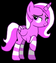 Size: 274x312 | Tagged: artist needed, safe, artist:cherry blossom, edit, oc, oc only, oc:cherry blossom, alicorn, pony, black background, clothes, horn, simple background, socks, solo, striped socks