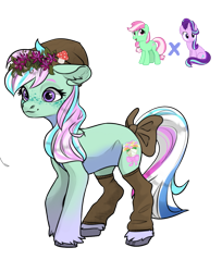 Size: 991x1216 | Tagged: safe, artist:crumbelinadicarmello, minty (g4), starlight glimmer, oc, earth pony, pony, g4, avatar maker fantasy pony, beanie, blue mane, bow, clothes, cottagecore, female, floral head wreath, flower, freckles, fusion, gradient legs, green coat, hat, leg warmers, magical lesbian spawn, multicolored coat, multicolored mane, mushroom, offspring, parent:minty (g4), parent:starlight glimmer, parents:mintyglim, pastel, pink mane, simple background, solo, tail, tail bow, transparent background, unshorn fetlocks