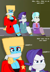 Size: 1920x2743 | Tagged: safe, artist:robukun, coco pommel, rarity, oc, oc:tatiana, human, equestria girls, g4, bondage, bound and gagged, cloth gag, dialogue, equestria girls-ified, female, gag, kidnapped, muffled words, struggling, tied up