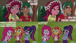 Size: 4400x2475 | Tagged: safe, edit, edited screencap, editor:quoterific, screencap, gloriosa daisy, pinkie pie, sci-twi, sunset shimmer, timber spruce, twilight sparkle, human, equestria girls, g4, my little pony equestria girls: legend of everfree, floral head wreath, flower, microphone