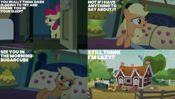 Size: 4400x2475 | Tagged: safe, edit, edited screencap, editor:quoterific, screencap, apple bloom, applejack, pig, 28 pranks later, g4, apple, apple tree, bed, sweet apple acres, tree