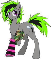 Size: 1200x1392 | Tagged: safe, artist:mechanakal, derpibooru exclusive, oc, oc only, oc:raziel scardonia, earth pony, pony, 2023 community collab, derpibooru community collaboration, arm warmers, camouflage, clothes, female, gradient eyes, gray coat, mare, needs more saturation, neon, ponified, ponified oc, raised hoof, simple background, smiling, solo, spikey mane, stripes, transparent background, two toned mane, wacom