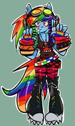 Size: 907x1531 | Tagged: safe, artist:pekodayz, anthro, plantigrade anthro, belt, blushing, boots, clothes, converse, fingerless gloves, gloves, goggles, headphones, leggings, looking at you, scene kid, shoes, smiling, solo, spiked boots, tank top, thigh boots, tongue out