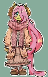 Size: 997x1589 | Tagged: safe, artist:pekodayz, fluttershy, anthro, plantigrade anthro, g4, blushing, clothes, earmuffs, eye clipping through hair, hair over one eye, long sleeves, looking at you, scarf, skirt, slippers, smiling, solo, sweater