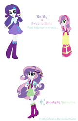 Size: 806x1252 | Tagged: safe, artist:prettycelestia, rarity, sweetie belle, oc, oc:annabelle harmonia, human, equestria girls, g4, belt buckle, boots, clothes, female, four arms, fusion, fusion:raribelle, fusion:rarity, fusion:sweetie belle, headband, high heel boots, jewelry, long hair, long skirt, ring, shoes, siblings, simple background, sisters, skirt, white background
