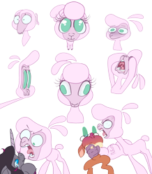 Size: 2700x3100 | Tagged: safe, artist:storyteller, cashmere (tfh), oleander (tfh), pom (tfh), classical unicorn, deer, pony, reindeer, sheep, unicorn, them's fightin' herds, asphyxiation, cartoon physics, cashabuse, choking, cloven hooves, community related, eye bulging, eye contact, faic, female, frown, high res, horn, kubrick stare, leonine tail, looking at each other, looking at someone, mare, muscles, open mouth, simple background, sketch, sketch dump, squeezing, strangling, suddenly hands, teary eyes, transparent background, unshorn fetlocks, yelling