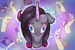 Size: 2400x1600 | Tagged: safe, artist:thescornfulreptilian, arizona (tfh), oleander (tfh), paprika (tfh), alpaca, cow, pony, unicorn, them's fightin' herds, bed, bloodshot eyes, cloven hooves, colored, community related, curved horn, eye beams, female, food, gradient background, hat, horn, kubrick stare, mare, origami, shading, sketch, sketch dump, tongue out, top hat, watermelon