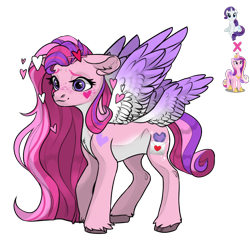 Size: 1080x1080 | Tagged: safe, artist:crumbelinadicarmello, oc, pegasus, pony, g4, avatar maker fantasy pony, colored wings, curly mane, facial markings, female, freckles, gradient wings, hairpin, heart, letter, long mane, love letter, lovecore, magical lesbian spawn, multiple wings, oc focus, offspring, parent:princess cadance, parent:rarity, parents:raridance, pink mane, red mane, shy, simple background, solo focus, transparent background, wings