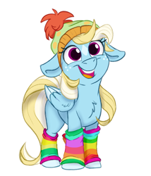 Size: 975x1138 | Tagged: safe, artist:rutkotka, oc, oc only, oc:bubbly, pegasus, pony, chest fluff, clothes, cute, female, filly, floppy ears, foal, freckles, hat, leg warmers, next generation, offspring, open mouth, open smile, parent:rainbow dash, parent:zephyr breeze, parents:zephdash, simple background, smiling, socks, solo, white background, winter